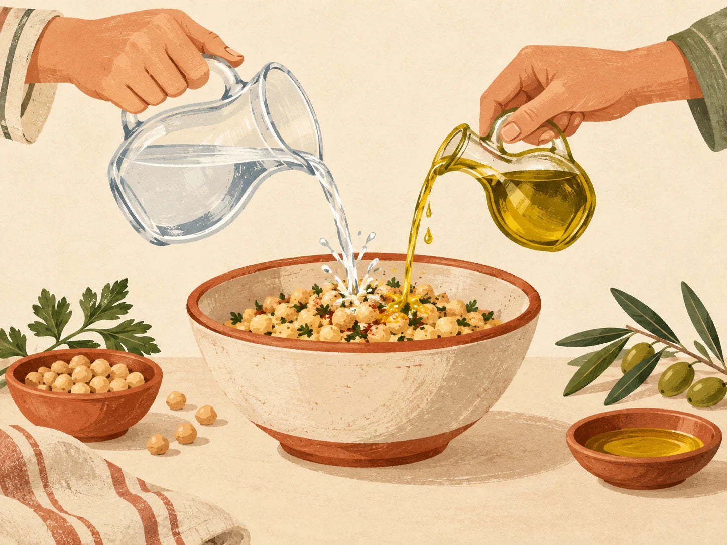 Ilustración de añadir agua y aceite de oliva