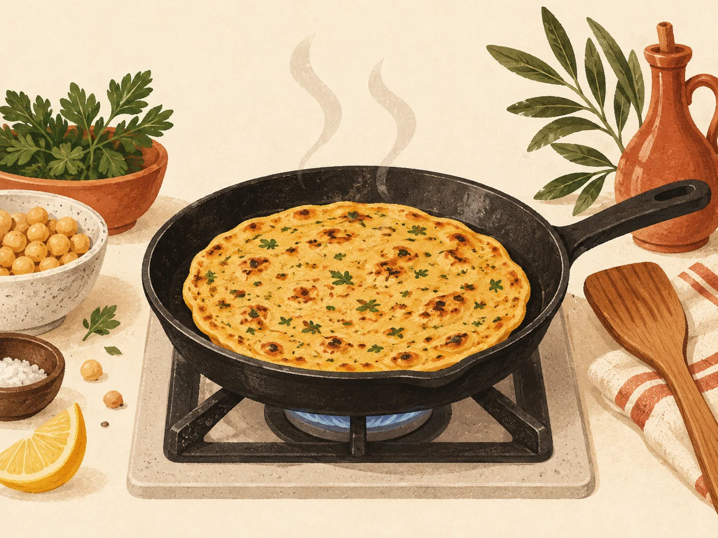 Ilustración de cocinar pan plano en una sartén