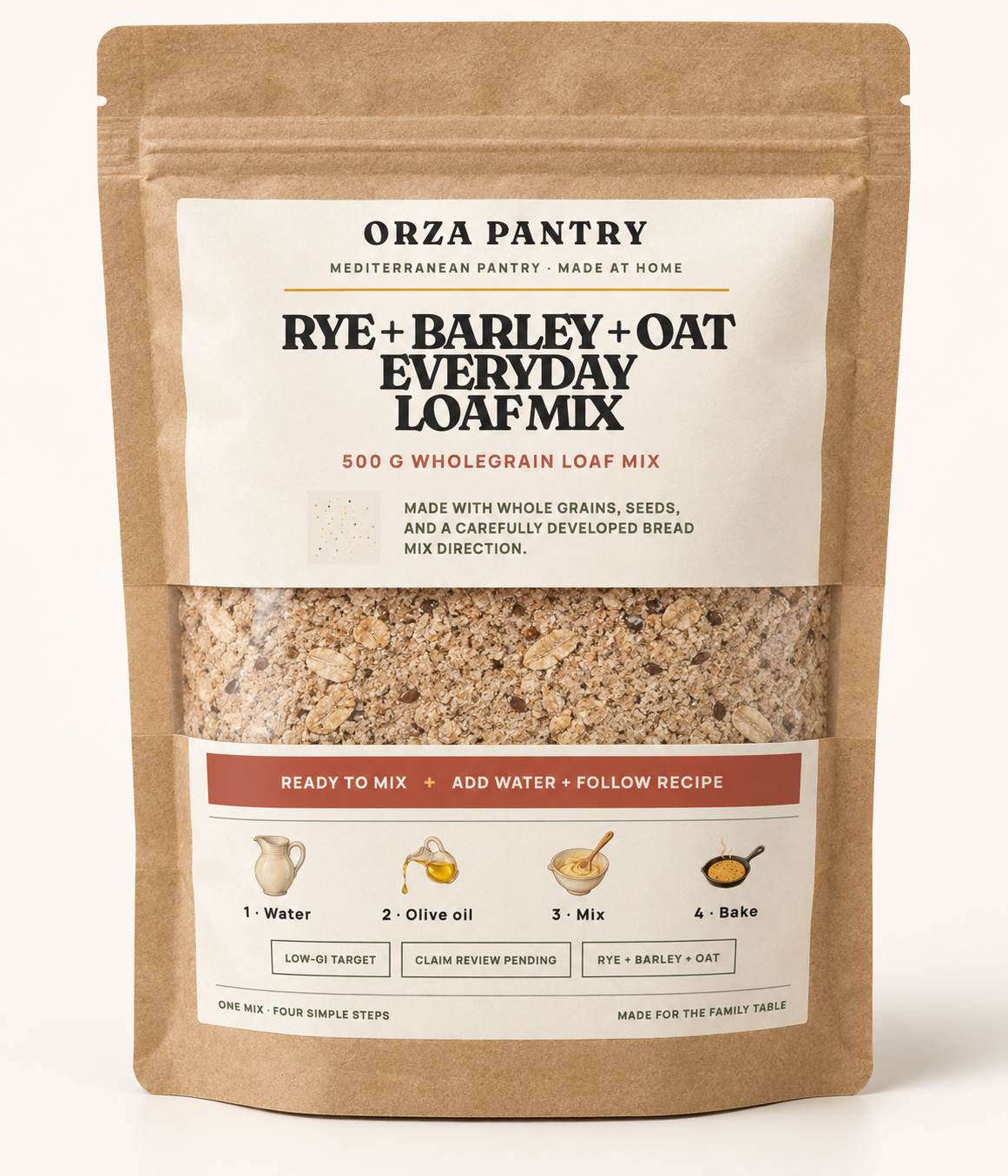 Pan cotidiano de centeno, cebada y avena 500 g bolsa de mezcla para pan con pan preparado e ingredientes secos