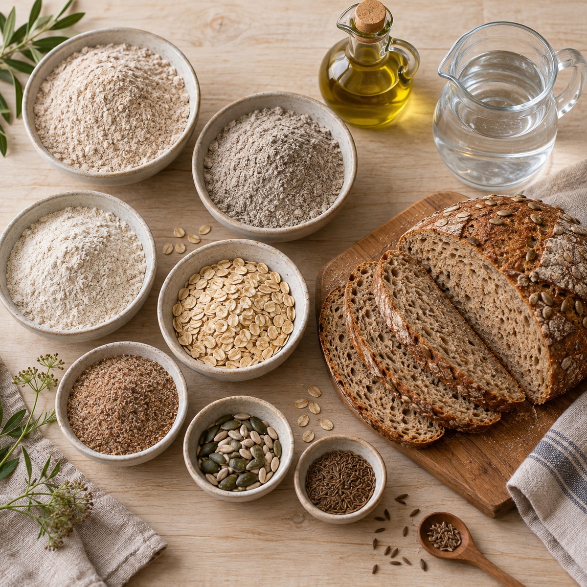 Pan cotidiano de centeno, cebada y avena 500 g bolsa de mezcla para pan con pan preparado e ingredientes secos