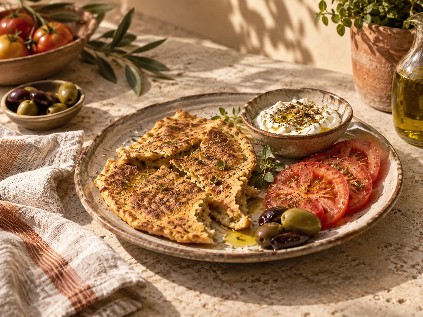 Desayuno mediterráneo con pan plano