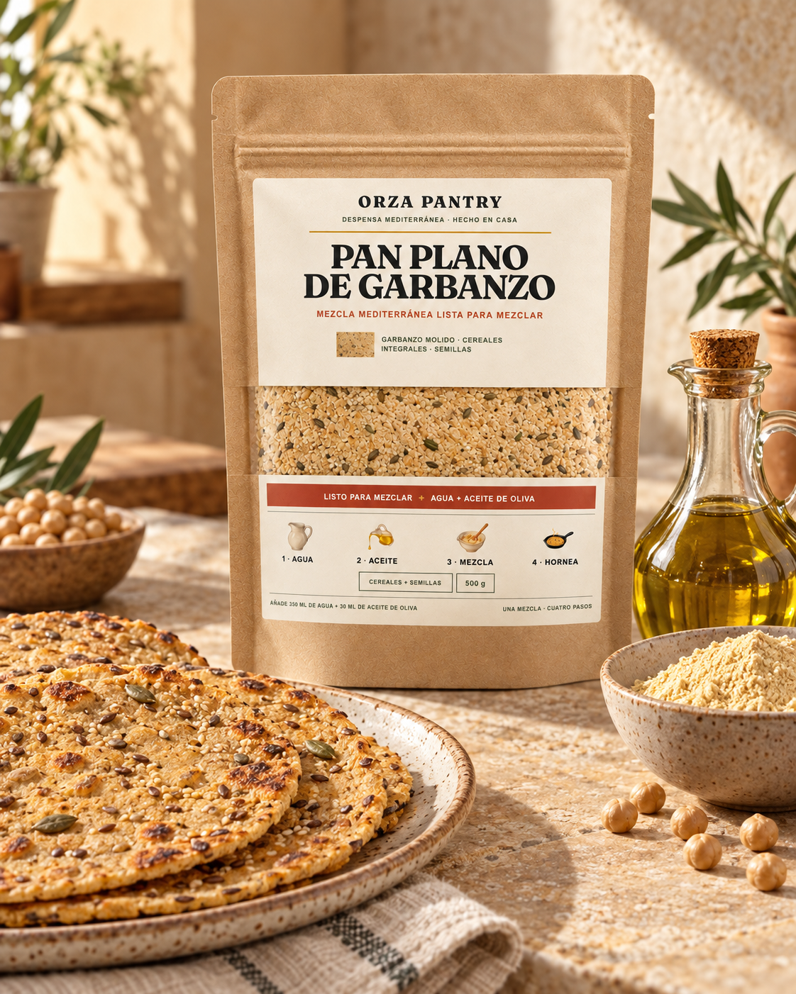 Bolsa de mezcla de pan plano de garbanzo ORZA junto a panes planos calientes