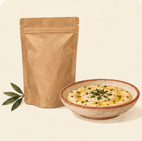 A single pantry pouch beside a prepared bowl
