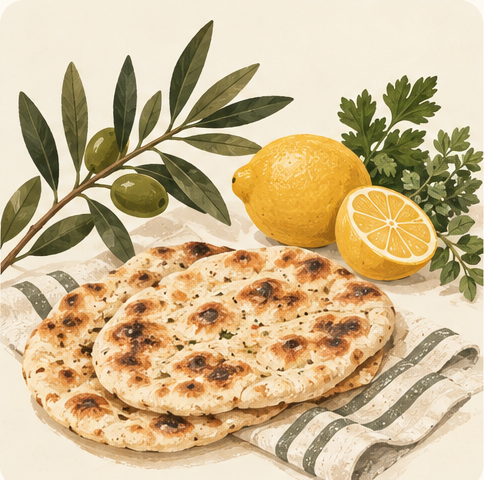 Mediterranean herbs, lemon, and flatbread