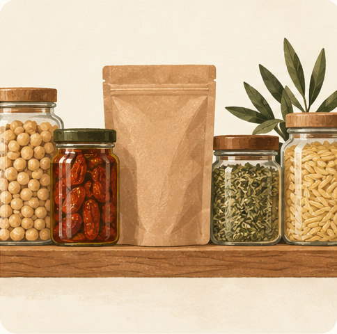 A neat pantry shelf with staple ingredients